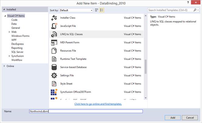 Choose the data  model from LINQ to SQL from the visual studio