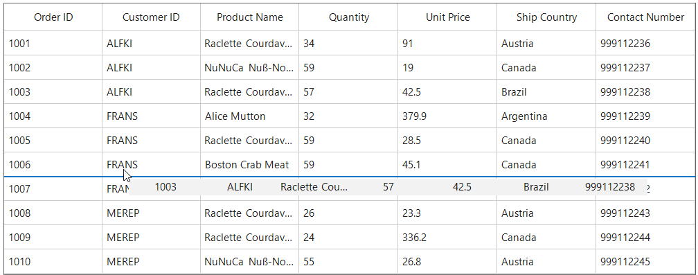 Row Drag and Drop - Drop Below