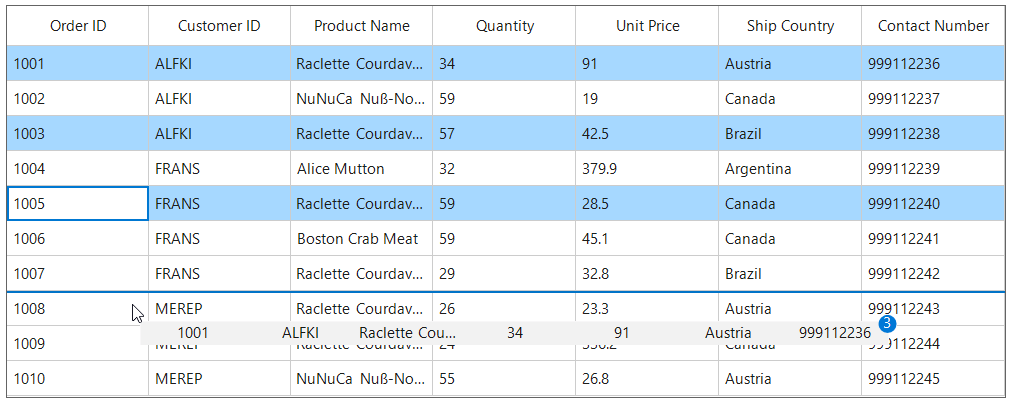 Dragging multiple rows