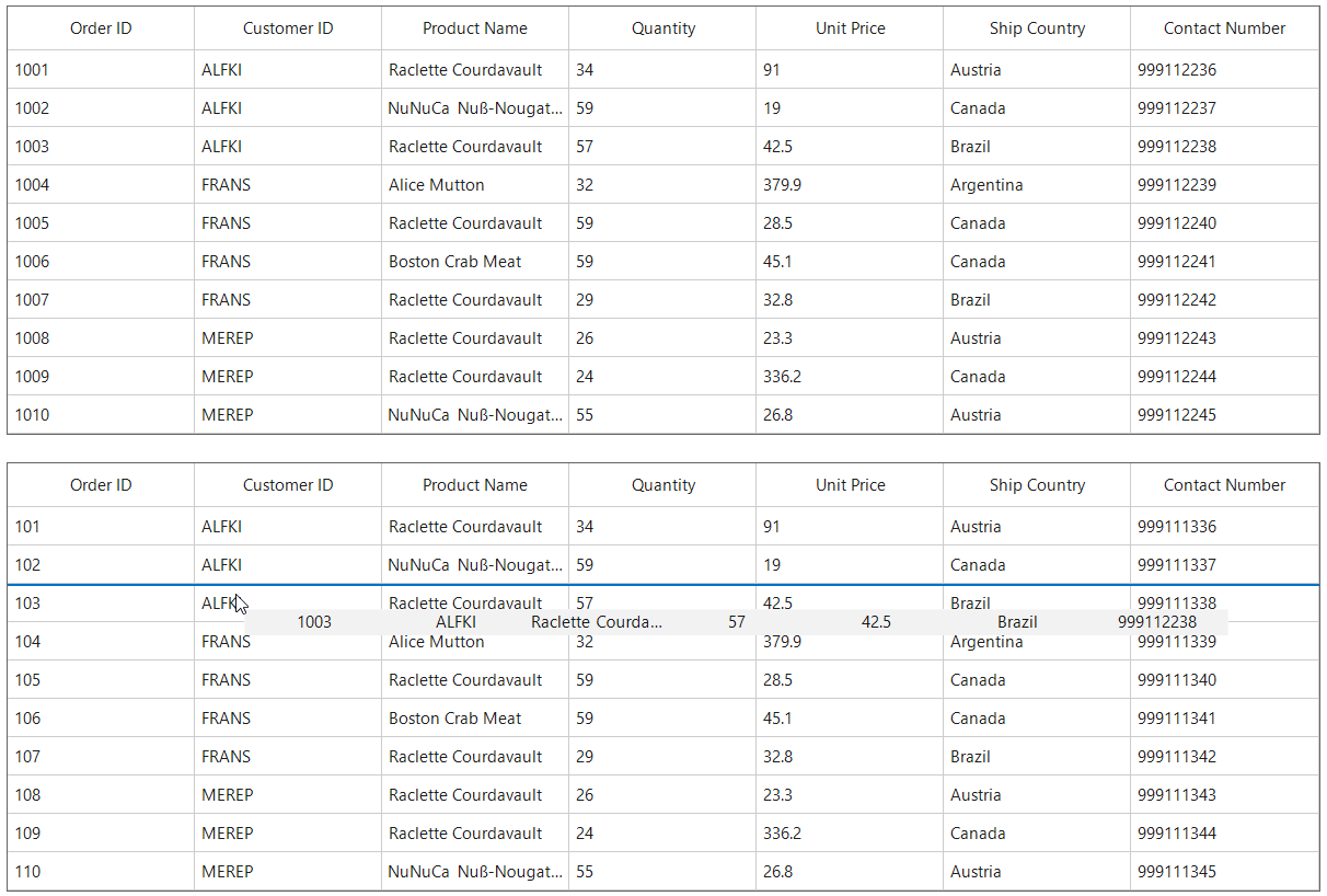 Dragging multiple rows