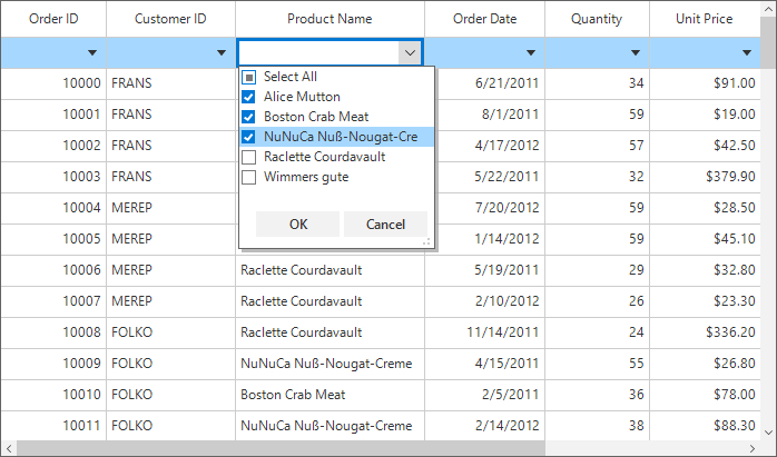 Windows forms datagrid showing filterrow with multiselect combobox editor type