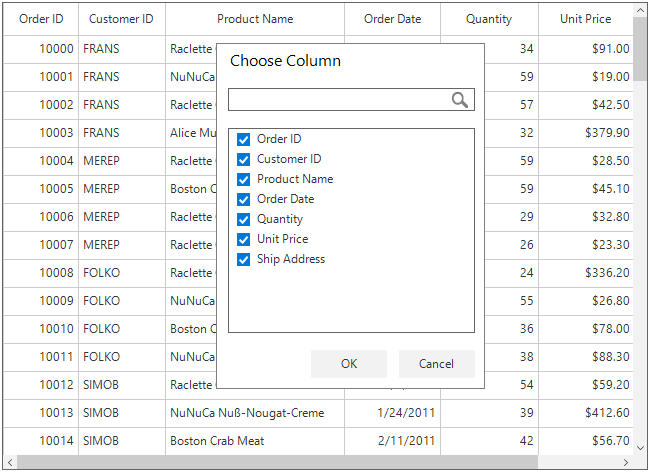Windows forms datagrid displays column chooser popup