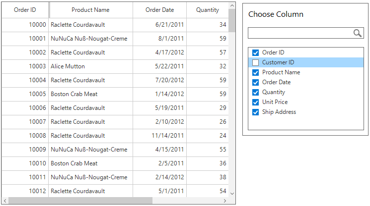 Windows forms datagrid displays custom column chooser control