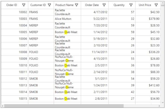 Windows forms datagrid displays search applied wrap text in the specific column