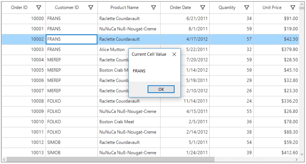 Getting currentcell value in windows forms datagrid