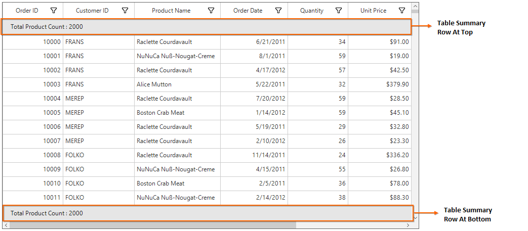 Windows form datagrid showing table summary row at top and bottom