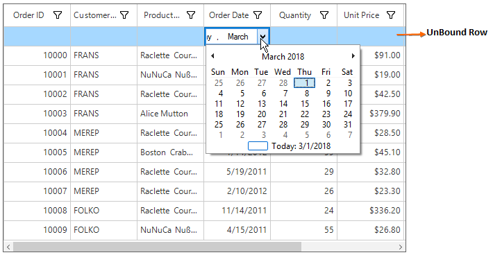Custom unbound cell renderer with month calendar control in Windows forms datagrid