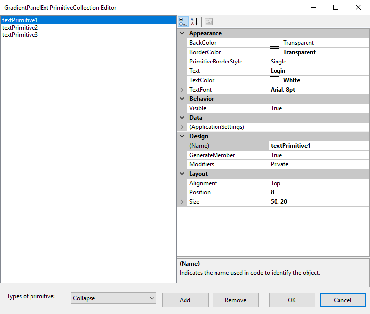 Windows Forms GradientPanelExt showing primitive collection editor