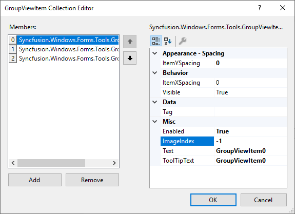 Windows Forms GroupView showing collection editor of item