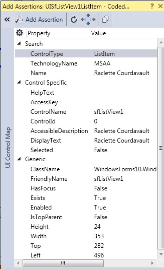 Properties listed in Assertion dialog box
