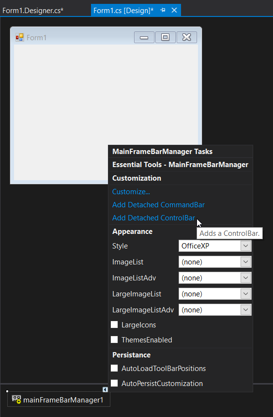 Control bar added via designer