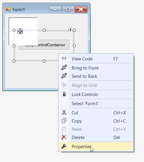 Selecting properties of PopupControlContainer