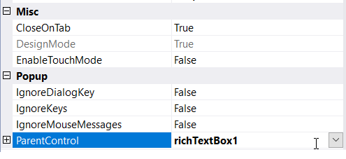 Setting rich text box control as parent of PopupControlContainer