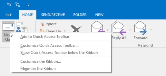 Shows the add to Quick Access Toolbar options of Ribbon
