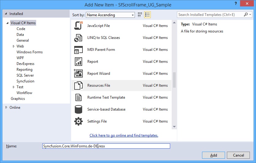 WinForms showing the resoure file name new added in scrollframe