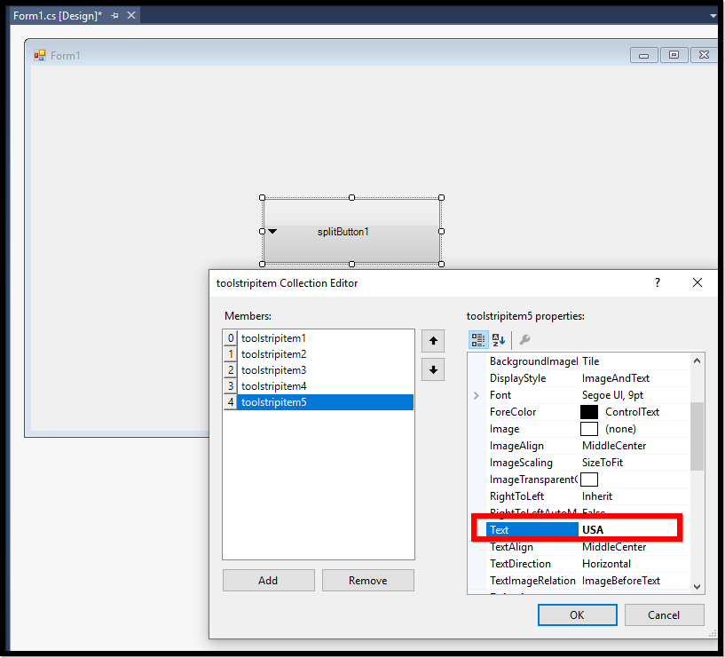 Windows forms SplitButton toolbox customization