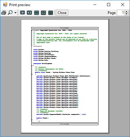 Print preview of content with header and footer in syntax editor