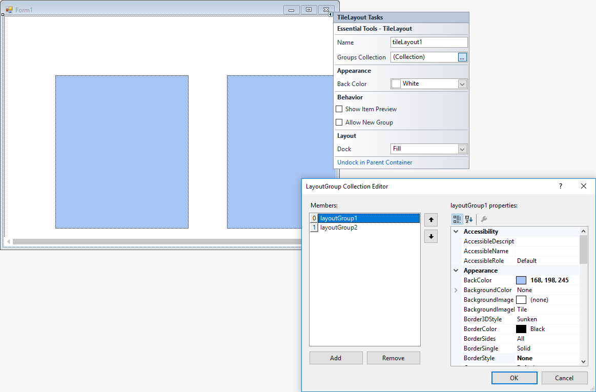 WindowsForms Tile Layout control added by designer