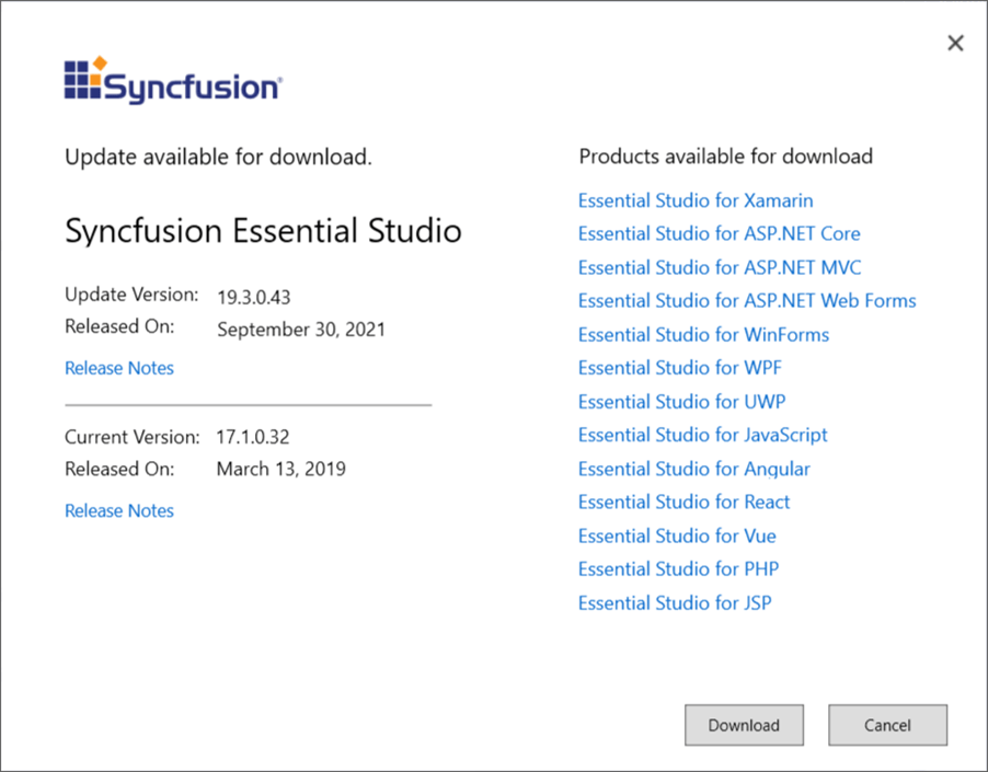 Syncfusion check for updates wizard