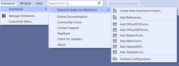 Syncfusion Menu when Selected Microsoft WinForms application in Visual Studio