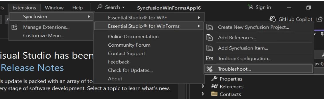 Syncfusion Menu when Selected Microsoft WinForms application in Visual Studio