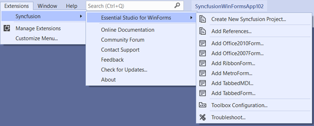 Syncfusion Menu when Selected Synfusion WinForms application in Visual Studio
