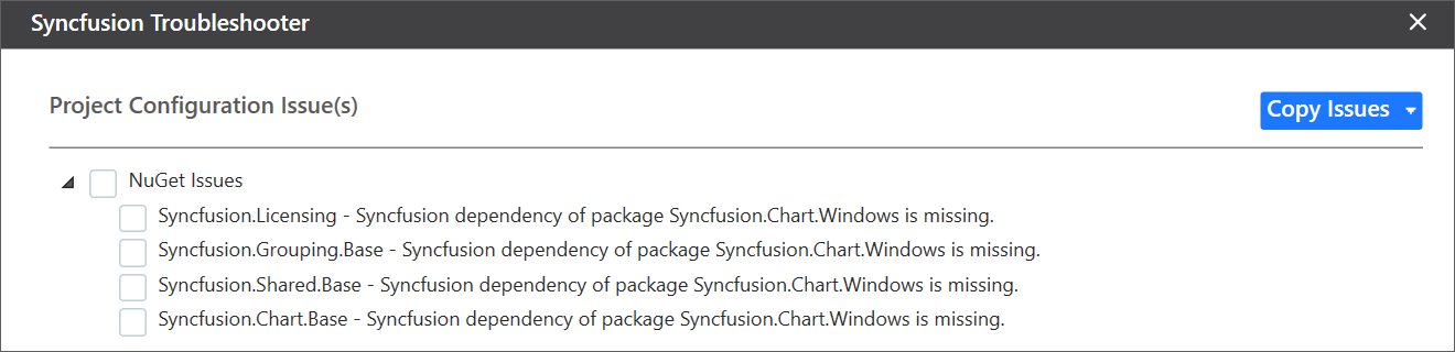 Dependent NuGet package missing issue shown in Troubleshooter wizard