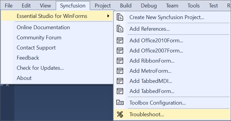 Syncfusion Troubleshooter via Syncfusion menu