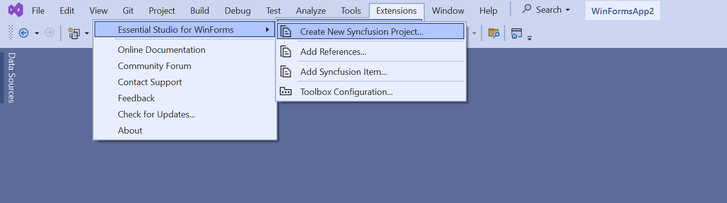 Choose Syncfusion WinForms Application from Visual Studio new project dialog via Syncfusion menu