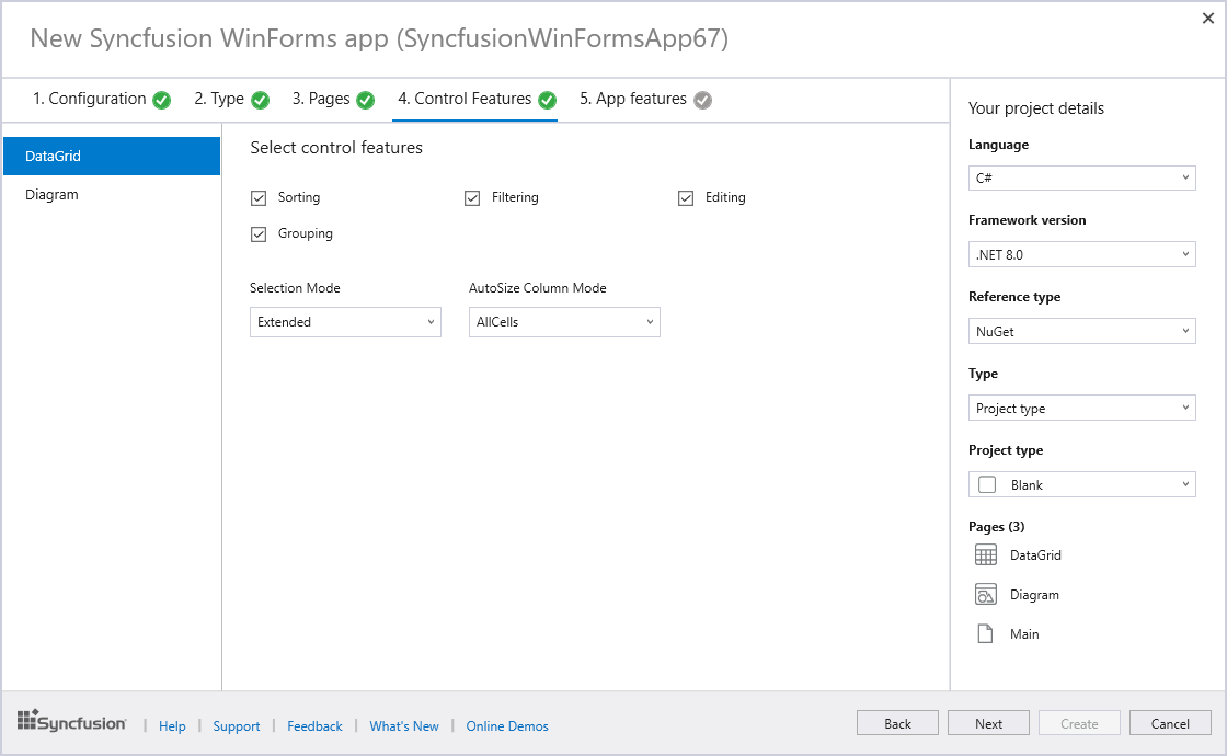 Syncfusion WinForms control features selection wizard