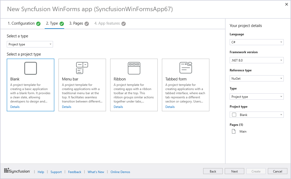 Syncfusion WinForms project type selection wizard