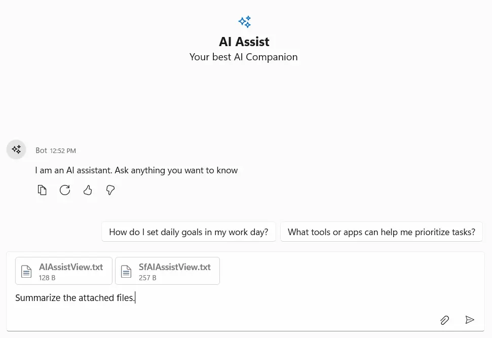Input toolbar header template in WinUI SfAIAssistView control