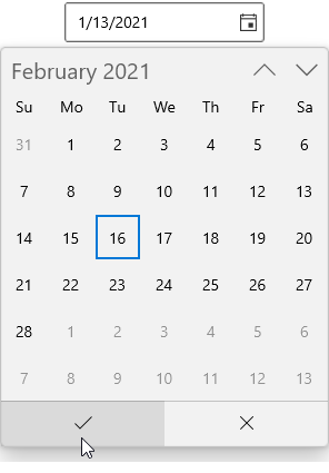WinUI CalendarDatePicker with Submit and Cancel Buttons
