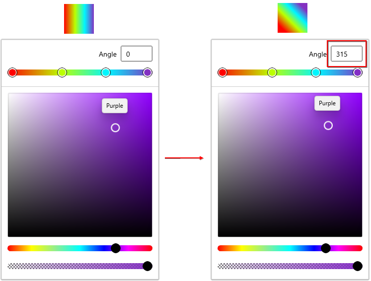 Selected linear gradient color brush angle changed