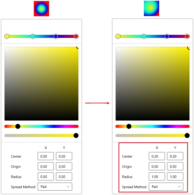 Change offset of selected radial gradient color brush using X-Y offset value editor