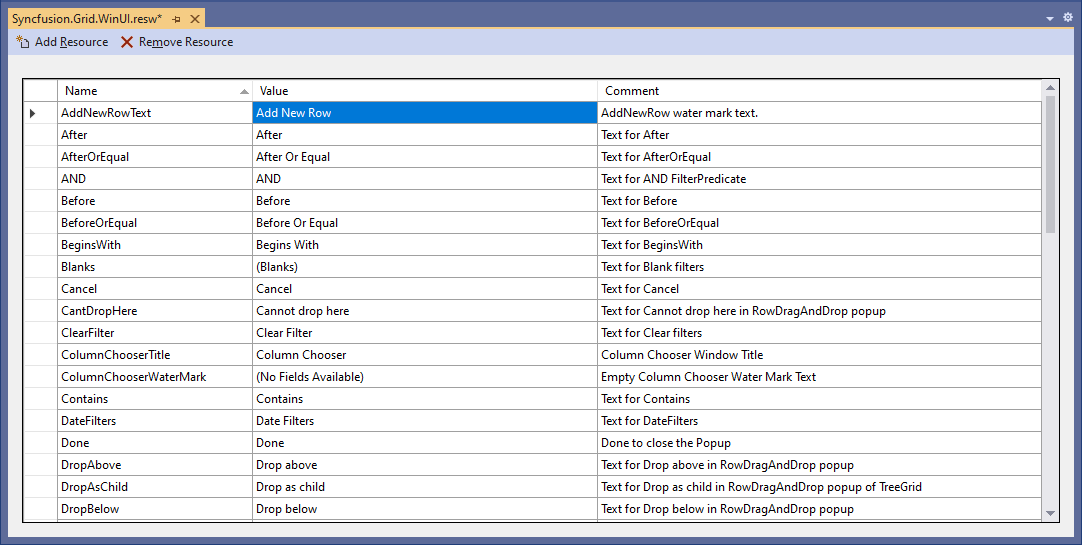 Add New Text Customization using Resx File in WinUI DataGrid