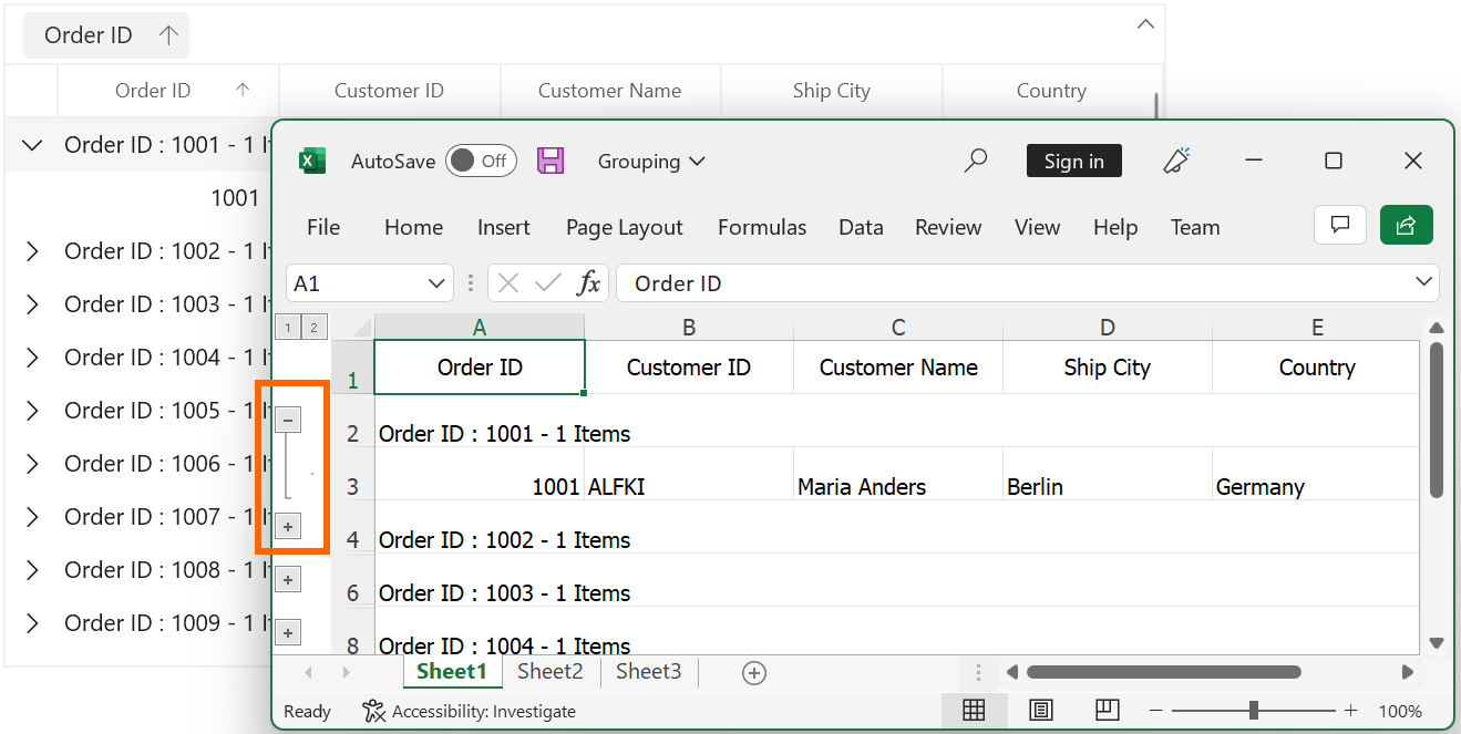Exporting to Excel with Outlines for Groups in WinUI DataGrid