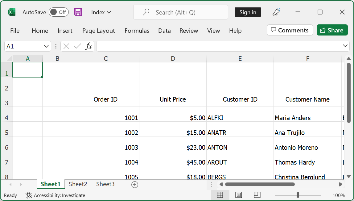 Exporting to Excel with Custom Row and Column Index in WinUI DataGrid