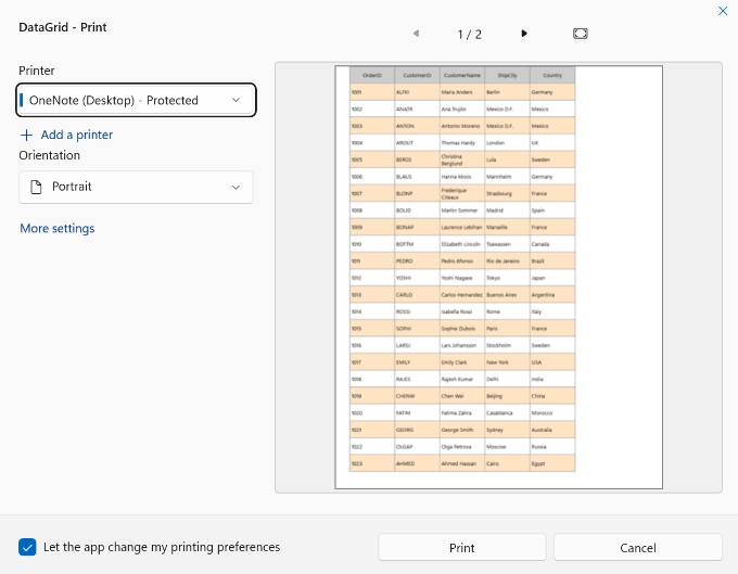 Customizing Alternative Row Style in WinUI DataGrid Printing