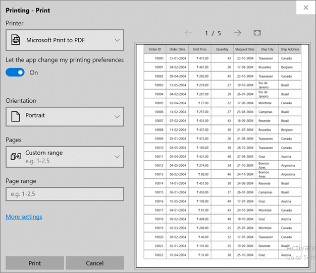 Printing Specific Pages in WinUI DataGrid