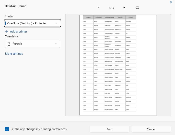 Printing in WinUI DataGrid