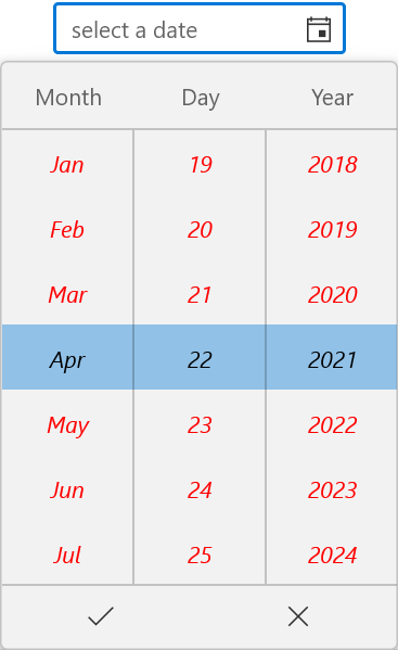 Date Picker with customized drop down date spinner cells