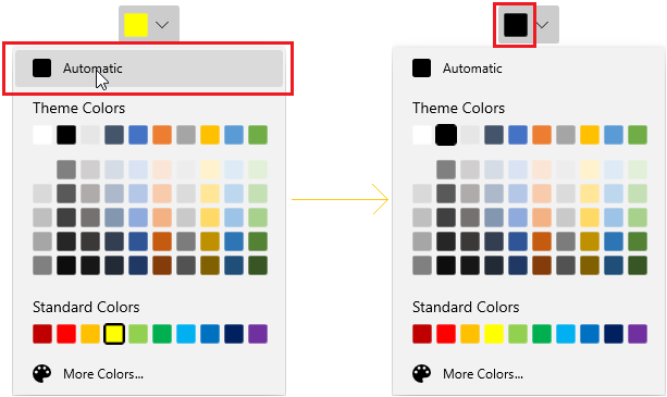 Dropdown ColorPalette control with theme and standard color items