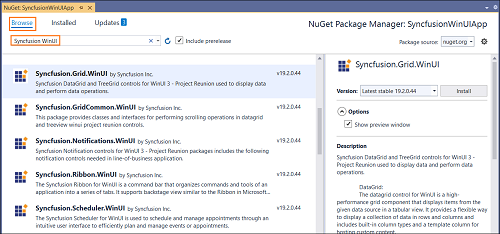 WinUI NuGet Packages Search