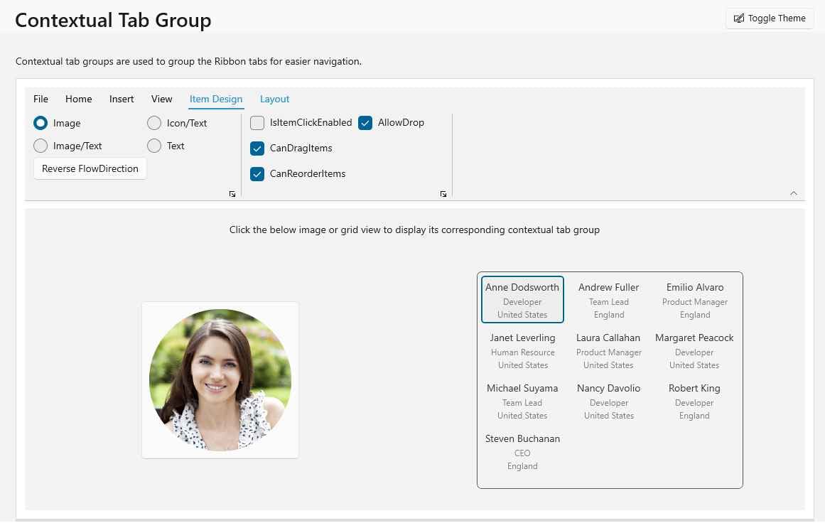 RibbonContextualTabGroup with first tab selected.