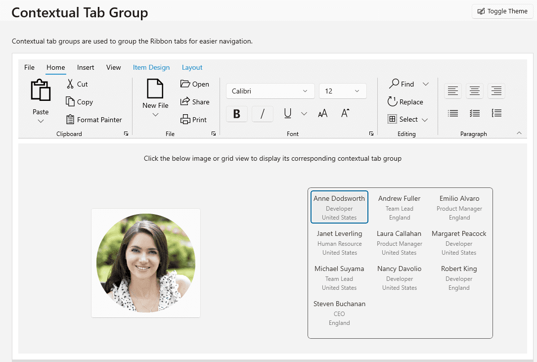 RibbonContextualTabGroup with first tab selected.