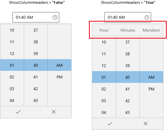 Time Picker hides the drop down time spinner column headers