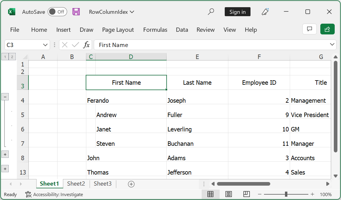 Changing Row and Column Index while Exporting from WinUI TreeGrid to Excel