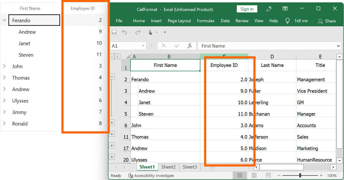 Formatting the Column while Exporting to Excel in WinUI TreeGrid