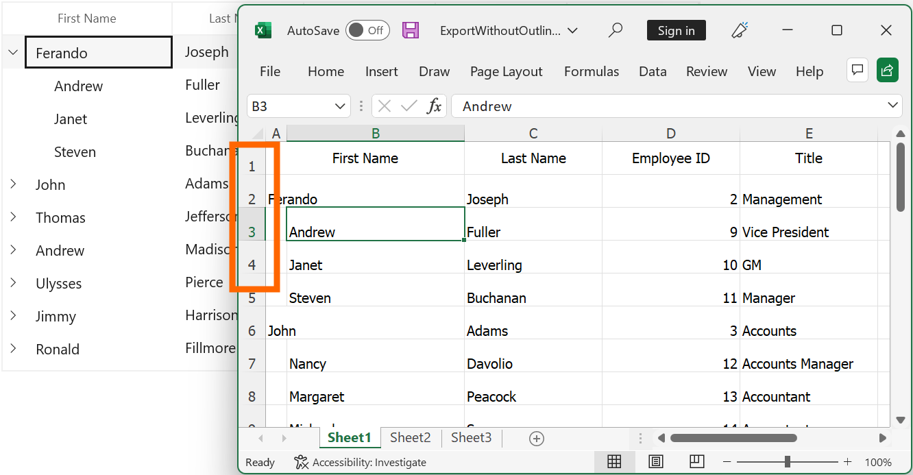 WinUI TreeGrid Data Exporting to Excel without Outlines